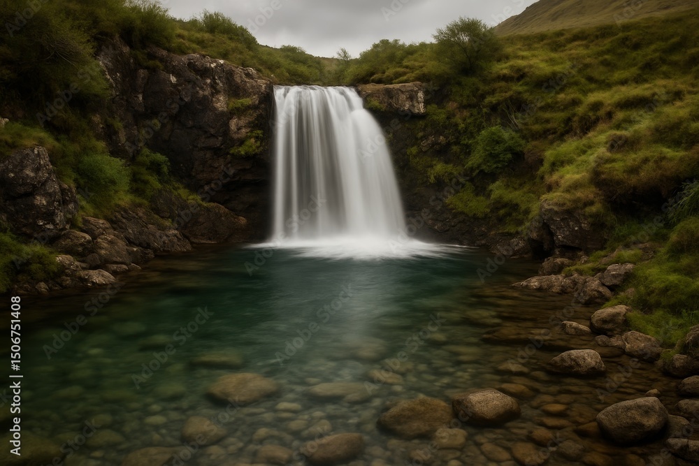 Fototapeta premium Mountain waterfall flowing into rocky pool surrounded by green hills and vegetation under cloudy sky in natural landscape