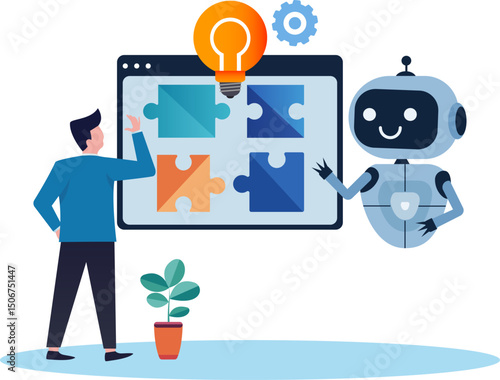 Human and AI Robot Collaborating to Solve a Problem Together, Robotic arm assemble colorful puzzle, robot with businessman solve complex problem. Ai teamwork