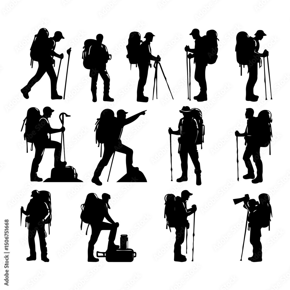 Obraz premium Big set of mountaineer climber hiker people, vector silhouette collection