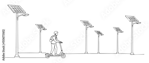 person on scooter under solar powered streetlights