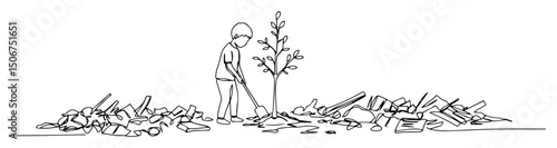 child planting tree in rubble reforestation sketch