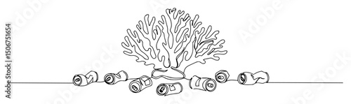 coral reef with plastic waste pollution sketch