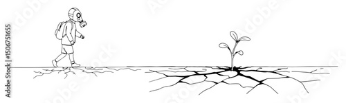 man in gas mask and sprout in cracked soil vector