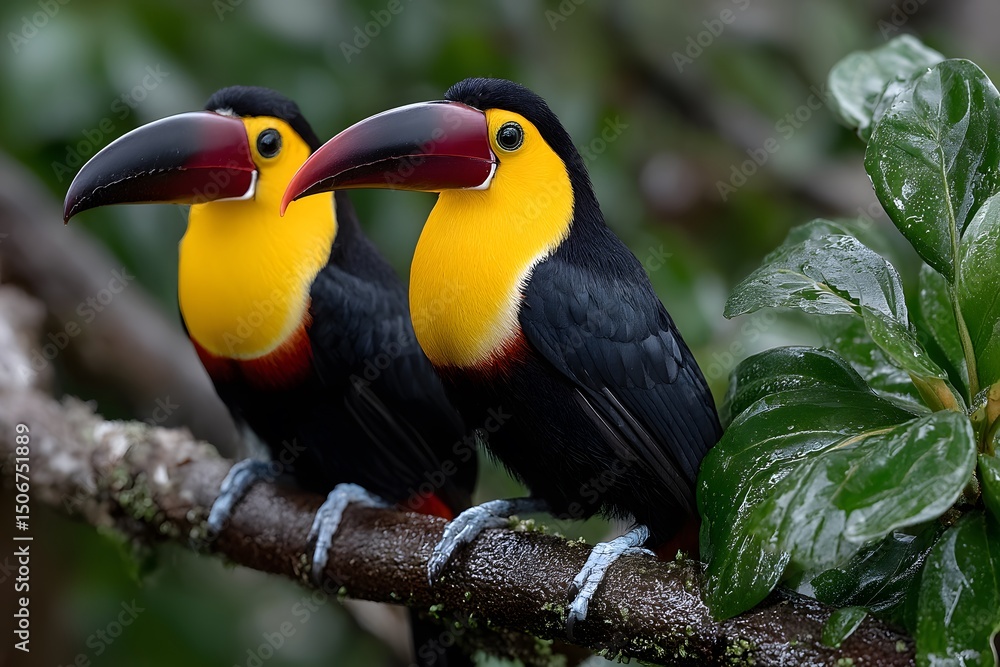 Fototapeta premium Two Keel-billed Toucans Perched on a Mossy Branch