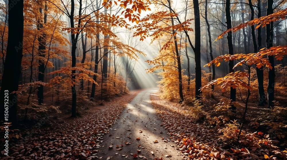 Obraz premium Winding Autumn Path with Sunlit Golden Leaves - AI Generated