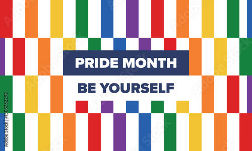 LGBT Pride Month in June. Lesbian Gay Bisexual Transgender. Celebrated annual. LGBT flag. Rainbow love concept. Human rights and tolerance. Poster, card, banner and background. Vector illustration
