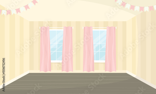 Empty children's room interior with windows and flags. Room for a girl. Room for a newborn baby.