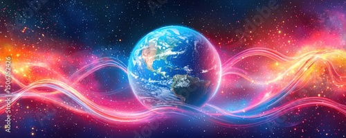 Cosmic View of Earth Surrounded by Colorful Cosmic Energy Waves