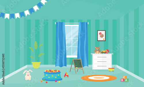 Interior of children's playroom with toys. Playroom. Toys for a boy or girl. Kindergarten at home.