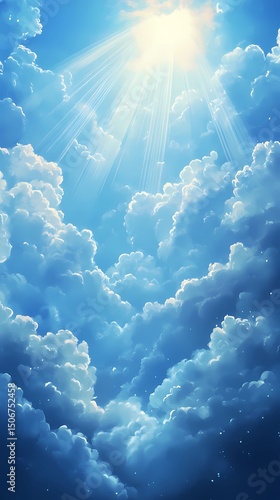 Cloud-filled sky with overhead sunrays, ideal for digital skies, natural light illustrations, and ambient scenic design.