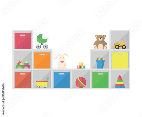 Icon of shelves with toys and boxes on a white background. Toys for kindergarten.
