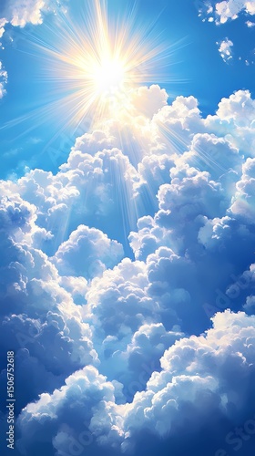 Cloud-filled sky with overhead sunrays, ideal for digital skies, natural light illustrations, and ambient scenic design.