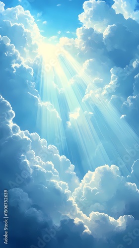 Cloud-filled sky with overhead sunrays, ideal for digital skies, natural light illustrations, and ambient scenic design.