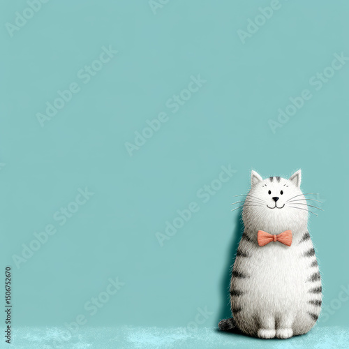 Cartoon cat with bow tie on pastel background, cute and playful.