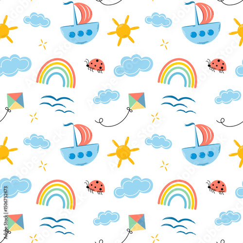 Summer seamless pattern with ship, rainbow, lady bug, kit and clouds.