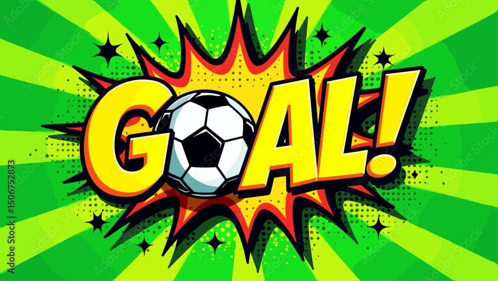 custom made wallpaper toronto digitalEnergetic comic book style illustration of a soccer ball entering the net with a bright green radial background and bold “GOAL!!” lettering