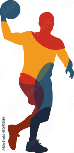 Stylized geometric design of a handball player in motion preparing to shoot