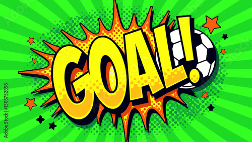 Energetic comic book style illustration of a soccer ball entering the net with a bright green radial background and bold “GOAL!!” lettering