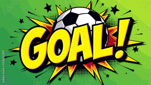 Energetic comic book style illustration of a soccer ball entering the net with a bright green radial background and bold “GOAL!!” lettering