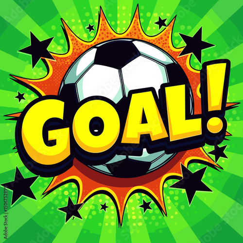 Comic-style green background illustration of a soccer ball with “GOAL!!” text surrounded by clouds and pop explosion elements