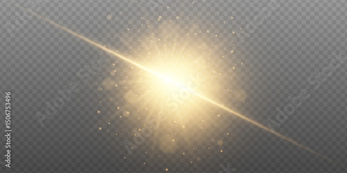 Golden light burst with sparkling magic effect. Radiant sunbeam with glitter, star flash and shiny flare on transparent background. Perfect for festive, energy or Christmas themes.