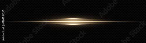Bright gold laser line with glowing flare and starbeam. Abstract sparkle streak with magic glitter and horizontal shine. Dynamic neon effect for holiday, fantasy or energy design.