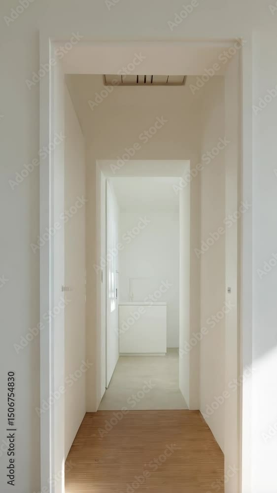 Enfilade of doorways in a bright, minimalist, modern house with white walls and wooden floorboards leading to a backroom. Enfilade of doorways in a bright, minimalist, modern house with white walls and wooden floorboards leading to a backroom.