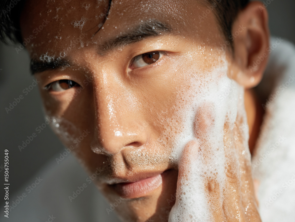 Fototapeta premium Korean man doing a foam cleanse as part of anti-aging skincare routine.