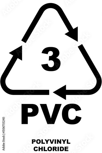 Recycling code icon, PVC text, a recycling symbol for polyvinyl chloride, marked with the number 3.