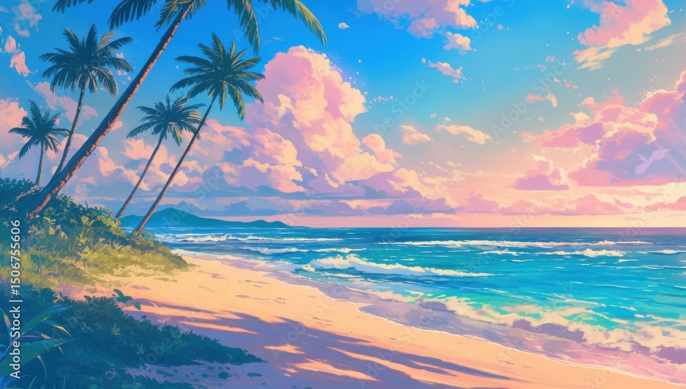 Obraz premium Serene Tropical Beach at Sunset with Vibrant Sky and Palm Trees