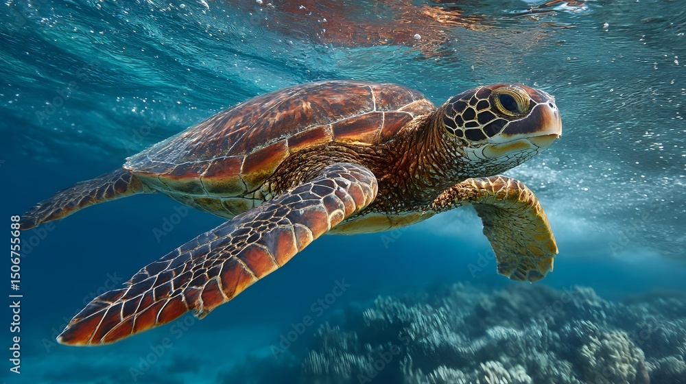 Fototapeta premium Endangered Hawaiian Green Sea Turtle gliding through ocean waters, a serene glimpse of marine conservation in action
