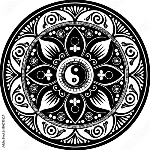 black and white round ornament mandala design