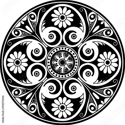 black and white round ornament mandala design