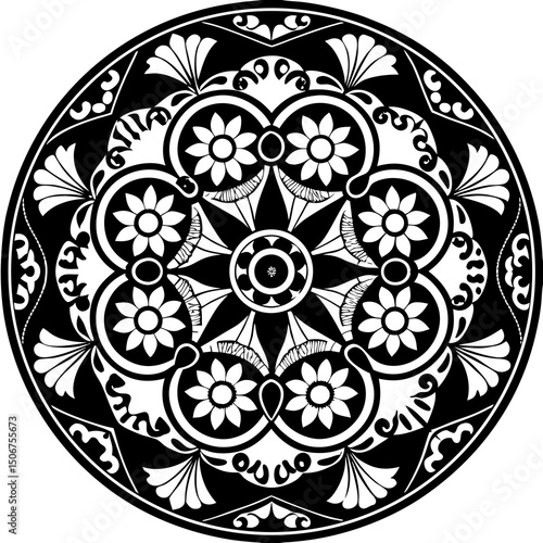 black and white round ornament mandala design