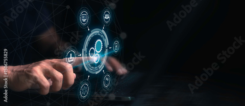 Man use laptop with virtual automation technology to automate business tasks with AI. Digital transformation and change management. Robotic process automation concept.