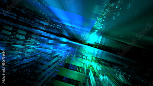 Fototapeta Naklejka Na Ścianę i Meble -  Dynamic lines and glowing shapes create a vivid abstract representation of digital technology, showcasing data flow through a futuristic environment with bright colors and depth. 3d render