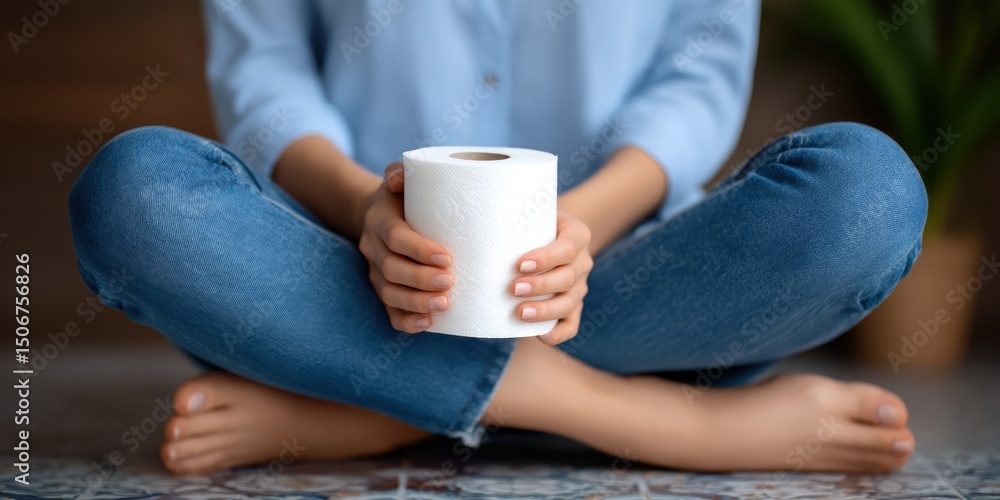 A person sitting cross-legged on the floor, holding a roll of toilet paper in their hands. A person sitting cross-legged on the floor, holding a roll of toilet paper in their hands.