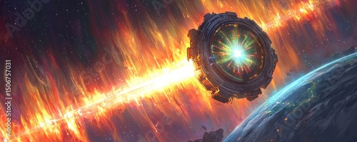 Futuristic Space Station Orbiting Vibrant Colorful Cosmic Phenomena