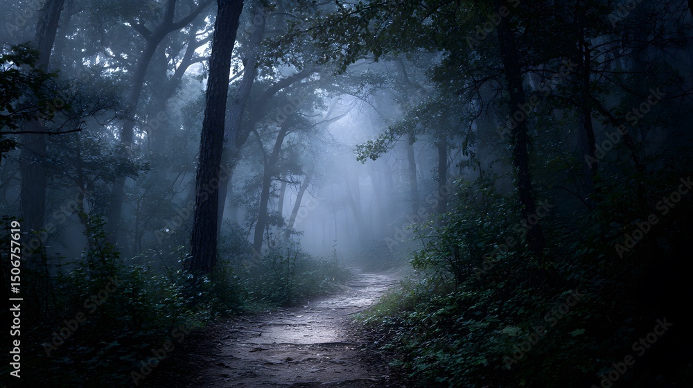 Obraz premium A dark forest path shrouded in mist, where mystery lingers in the soft light.