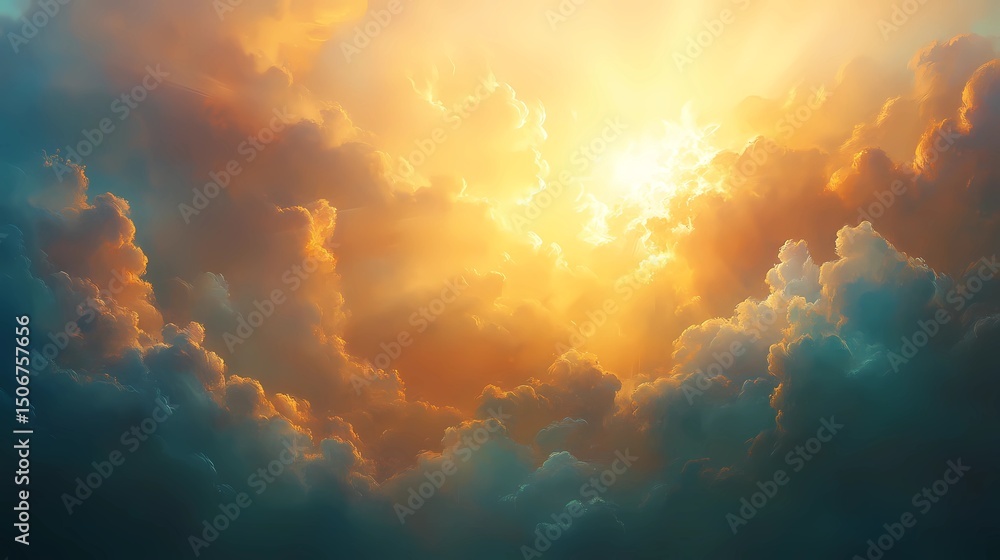 Fototapeta premium Sky texture showing sun rays through clouds, great for light-rich patterns, dreamlike wallpapers, and scenic backdrops.