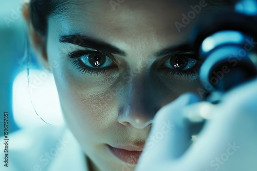Laboratory setting, female scientist using a microscope, white lab coat