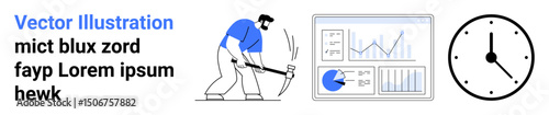 Male worker breaking ground with pickaxe beside analytics dashboard displaying graphs and data, accompanied by a clock. Ideal for time management, productivity, task prioritization, work planning