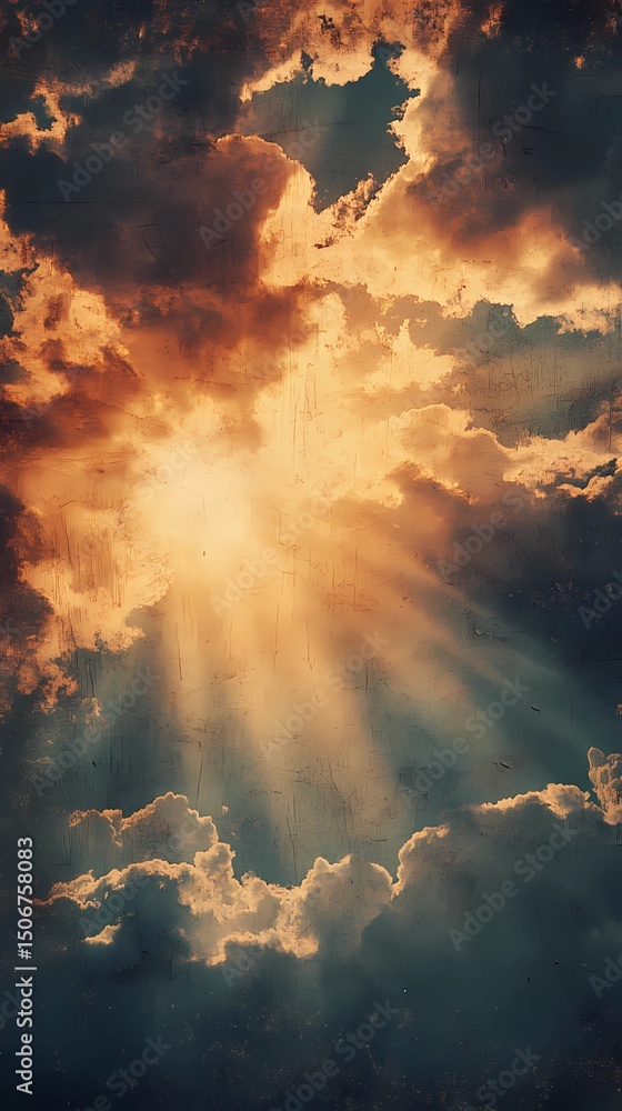 Fototapeta premium Radiant sun rays over soft cloud texture, great for inspirational backgrounds, weather visuals, and ethereal design projects.
