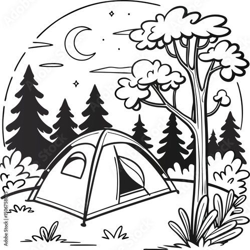 Summer outdoor adventure in the forest mountains with a camping tent