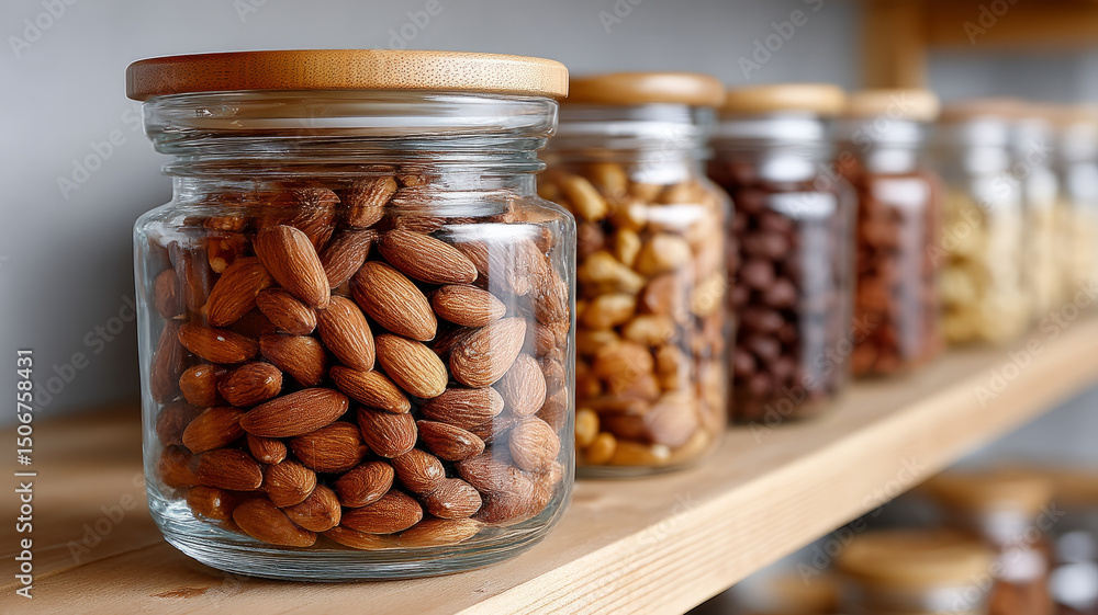 Glass jars filled with assorted nuts on a wooden shelf. Glass jars filled with assorted nuts on a wooden shelf.