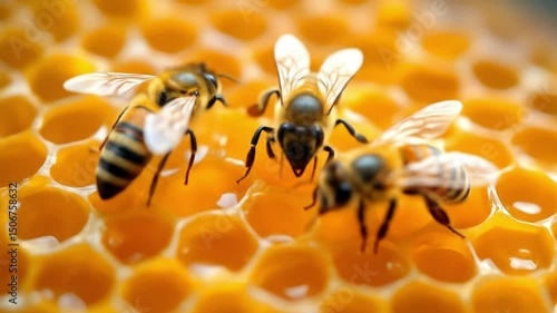 Bees Collecting Nectar from Honeycomb Close-Up