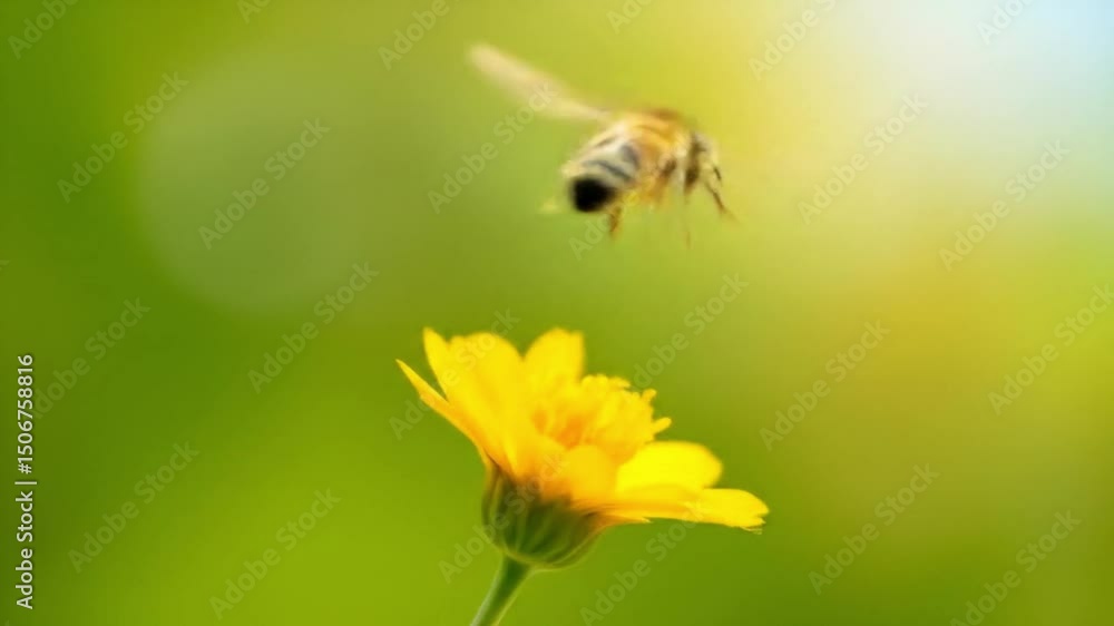 Bee Pollinating Yellow Flower in Morning Light Bee Pollinating Yellow Flower in Morning Light