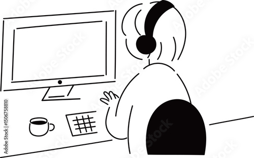 デスクトップPCで動画編集する女の子の線画イラスト