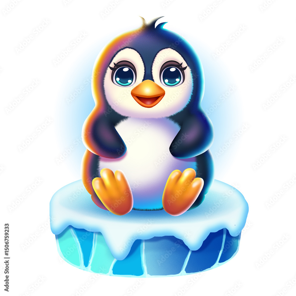 Fototapeta premium Digital drawing of a cute cartoon penguin sitting on ice. Winter illustration of an animal on a blue background on a white background