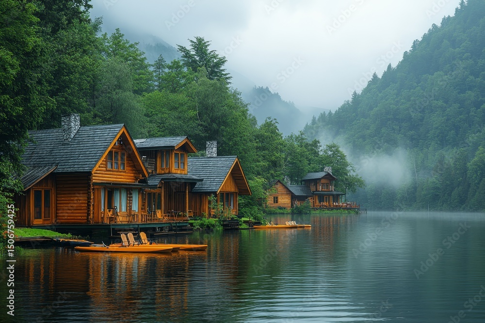 Fototapeta premium Misty lakefront cabins, tranquil mountains. Vacation rental